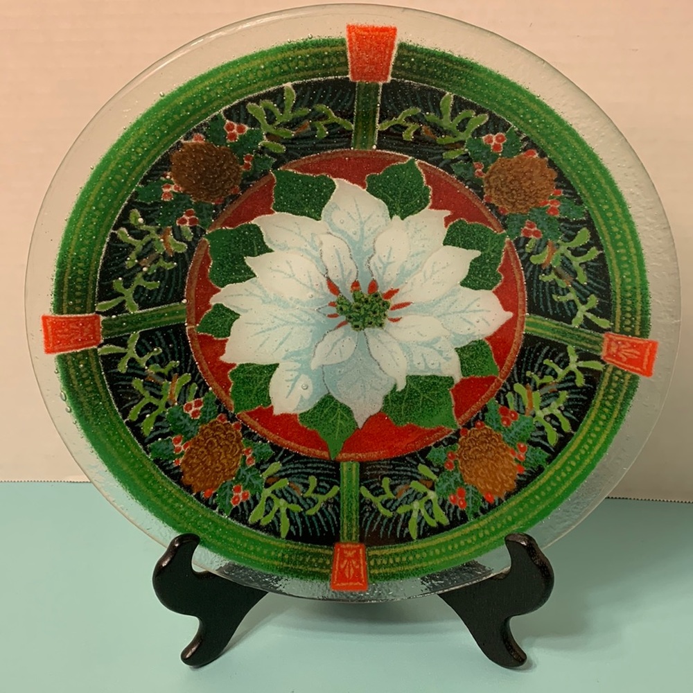 Peggy Karr Glass Christmas Bowl 10” Poinsettia Christmas Holiday